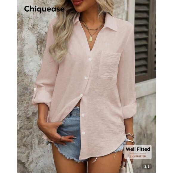 Chiquease Casual Solid Color Pocket Button-Up Collared Long Sleeve Minimalist Sh - Picture 5 of 9